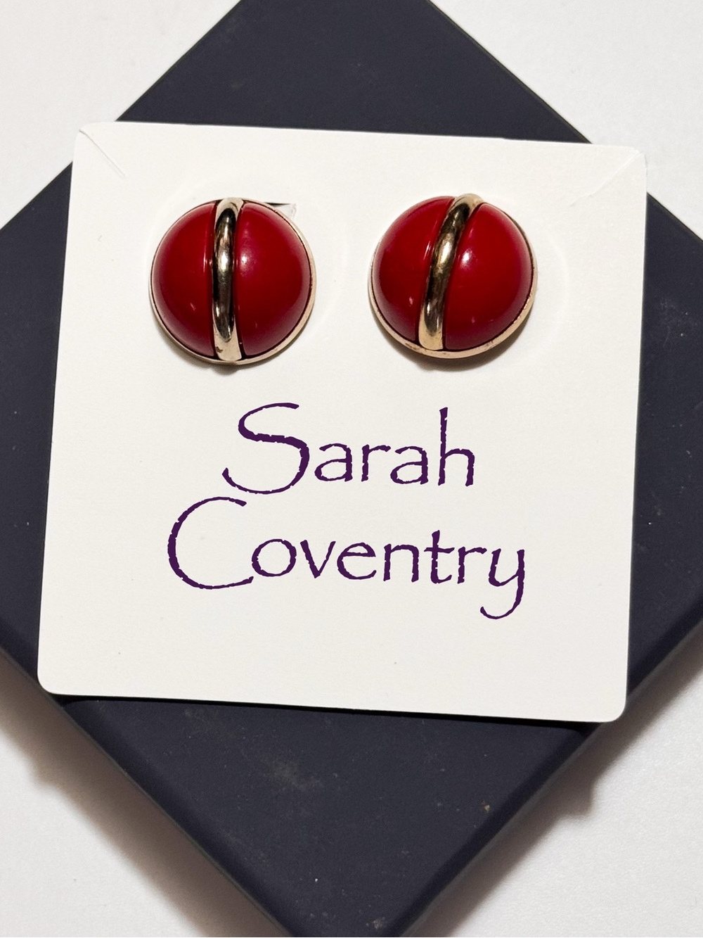 Sarah Coventry Bold Red Dome Clip-On Earrings with Gold Band Vintage